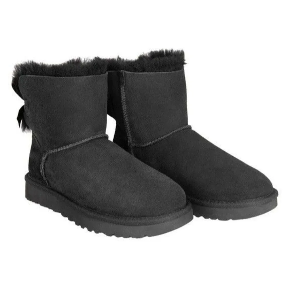 UGG Ladies Mini Bailey Bow II Genuine Sheepskin Suede/Shearling Boots Black